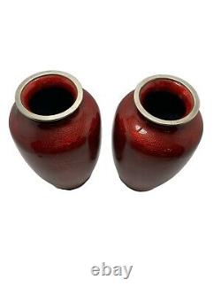 Pair Japanese Ginbari Cloisonne Pigeon Blood Vases, Silver Rims, Showa Era