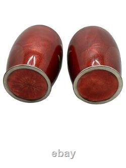 Pair Japanese Ginbari Cloisonne Pigeon Blood Vases, Silver Rims, Showa Era