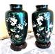 Pair Japanese Green Emerald Ginbari Silver Foil Vases Dogwood/bird Design 7-1/4