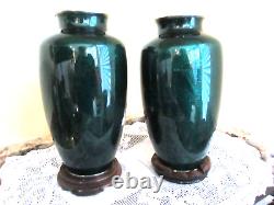 Pair Japanese Green Emerald Ginbari Silver Foil Vases Dogwood/Bird Design 7-1/4