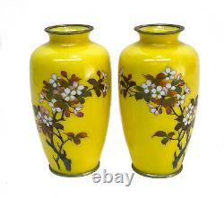 Pair Japanese Sato Cloisonne Enamel & Silver Plate Vases, Cherry Blossoms