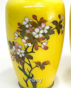 Pair Japanese Sato Cloisonne Enamel & Silver Plate Vases, Cherry Blossoms