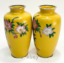 Pair Japanese Sato Cloisonne Enamel & Silver Plate Vases, Hibiscus Flowers