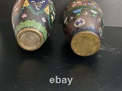 Pair Japanese antique cloisonné enamel vases butterfly Meiji period gold foil 7