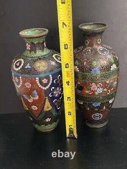 Pair Japanese antique cloisonné enamel vases butterfly Meiji period gold foil 7