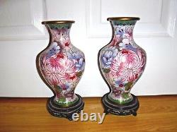 Pair Large Floral Peony Cloisonne Vases On Hardwood Stands 9.75 Excellent