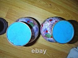 Pair Large Floral Peony Cloisonne Vases On Hardwood Stands 9.75 Excellent
