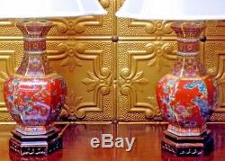 Pair Of 30 Chinese Porcelain Hex Vases Lamps Cloisonne Japanese Ceramic