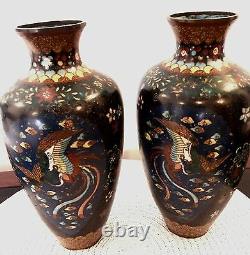 Pair Of 9 1/2 Inch (24cm) Meji Period Japanese Cloisonne Vases Circa 1880 1900