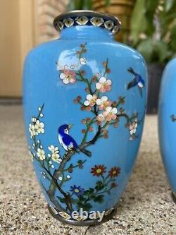 Pair Of Antique Japanese Blue Cloisonne Vases With Birds