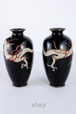 Pair Of Japanese Black Cloisonne Dragon Vases, Meiji Era