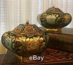 Pair Of Japanese/Chinese cloisonne Brass Enamel Painted Urns/Vases Vintage Rare