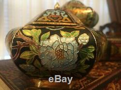 Pair Of Japanese/Chinese cloisonne Brass Enamel Painted Urns/Vases Vintage Rare