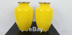 Pair Of Japanese Yellow Enamel Vases Cloisonne