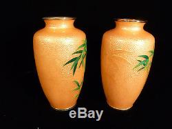 Pair Of Signed Vintage Japanese Rare Peach-colored Cloisonne Foil Bamboo Vases