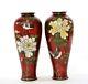 Pair Old Japanese Silver Wires Cloisonne Enamel Shippo Vase With Bird & Peony