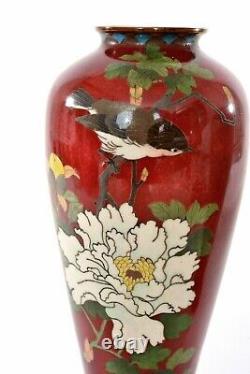 Pair Old Japanese Silver Wires Cloisonne Enamel Shippo Vase with Bird & Peony