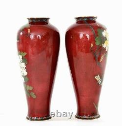 Pair Old Japanese Silver Wires Cloisonne Enamel Shippo Vase with Bird & Peony