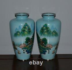 Pair Old or Antique Japanese Wireless Cloisonne Vases Silver Rims Showa