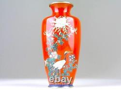 Pair Pot CLOISONNE Vase Flower & Crane Pattern 6.7 inch tall Japanese Antique
