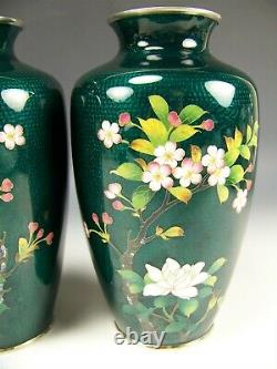 Pair Sato Japanese Cloisonne Flower On Green With Silver 7.25 Vases