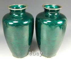 Pair Sato Japanese Cloisonne Flower On Green With Silver 7.25 Vases