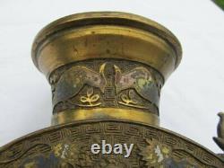Pair Vintage Antique Asian Oriental Brass Cloisonne Dragon Japanese Japan Vase