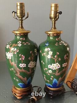 Pair Vintage Chinese Or Japanese Asian Cloisonne Enamelled Vases Lamps Blossoms