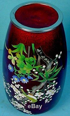 Pair Vintage Japanese Akasuke Silver Wire Cloisonne Enamel Cherry Blossom Vases