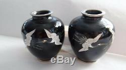Pair Vintage Japanese Cloisonne Mirrored Dark Blue Storks Decorated Vases