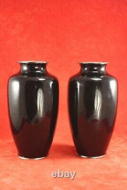 Pair Vtg Sato Japanese Black Cloisonne Mirror Image 7¼ Vases w Red Crown Cranes