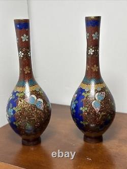 Pair antique Japanese Meiji 19th C. Cloisonne Vases Butterflies & Flowers