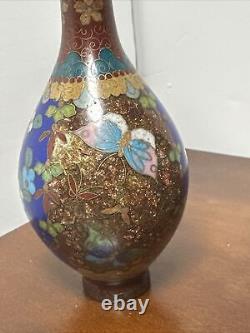 Pair antique Japanese Meiji 19th C. Cloisonne Vases Butterflies & Flowers