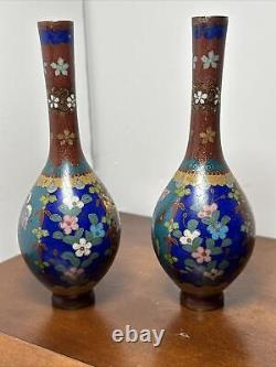 Pair antique Japanese Meiji 19th C. Cloisonne Vases Butterflies & Flowers