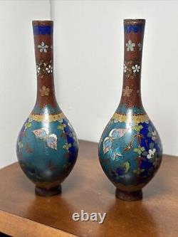 Pair antique Japanese Meiji 19th C. Cloisonne Vases Butterflies & Flowers