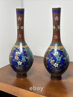 Pair antique Japanese Meiji 19th C. Cloisonne Vases Butterflies & Flowers