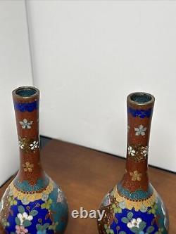 Pair antique Japanese Meiji 19th C. Cloisonne Vases Butterflies & Flowers