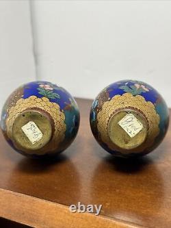 Pair antique Japanese Meiji 19th C. Cloisonne Vases Butterflies & Flowers