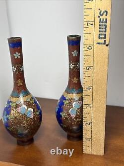 Pair antique Japanese Meiji 19th C. Cloisonne Vases Butterflies & Flowers