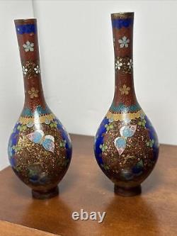 Pair antique Japanese Meiji 19th C. Cloisonne Vases Butterflies & Flowers