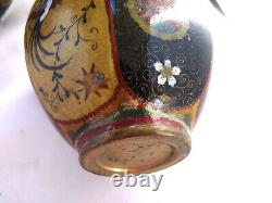 Pair antique Japanese cloisonne enamel bronze Vases 9 3/4 Meiji 18 80 birds