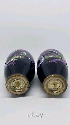 Pair jin bari purple dragon vases. Japanese cloisonne. Some hairlines see photos