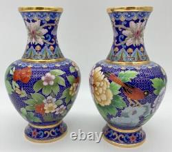 Pair of 8 1/4 in High Cloisonné Enamel Blue Green Vases Floral