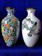 Pair Of Antique Fine Japanese Cloisonne Vases With Chickadee, Butterfly, Dove, Etc