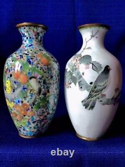 Pair of Antique Fine Japanese Cloisonne Vases with Chickadee, Butterfly, Dove, etc
