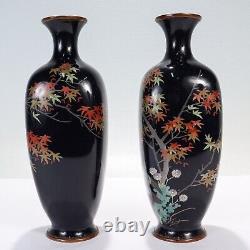 Pair of Antique Gonda Hirosuke Wired Cloisonne Enamel Vases with Birds & Leaves