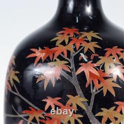 Pair of Antique Gonda Hirosuke Wired Cloisonne Enamel Vases with Birds & Leaves
