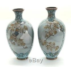 Pair of Antique Japanese Meiji Period Powder Blue & Grey Cloisonne 6 Vases