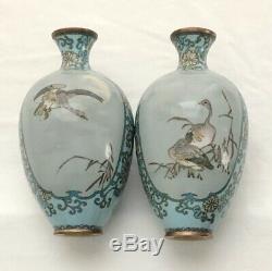 Pair of Antique Japanese Meiji Period Powder Blue & Grey Cloisonne 6 Vases