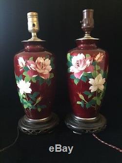 Pair of Antique Japanese Pigeon Blood Cloisonne Table Lamps/Vases